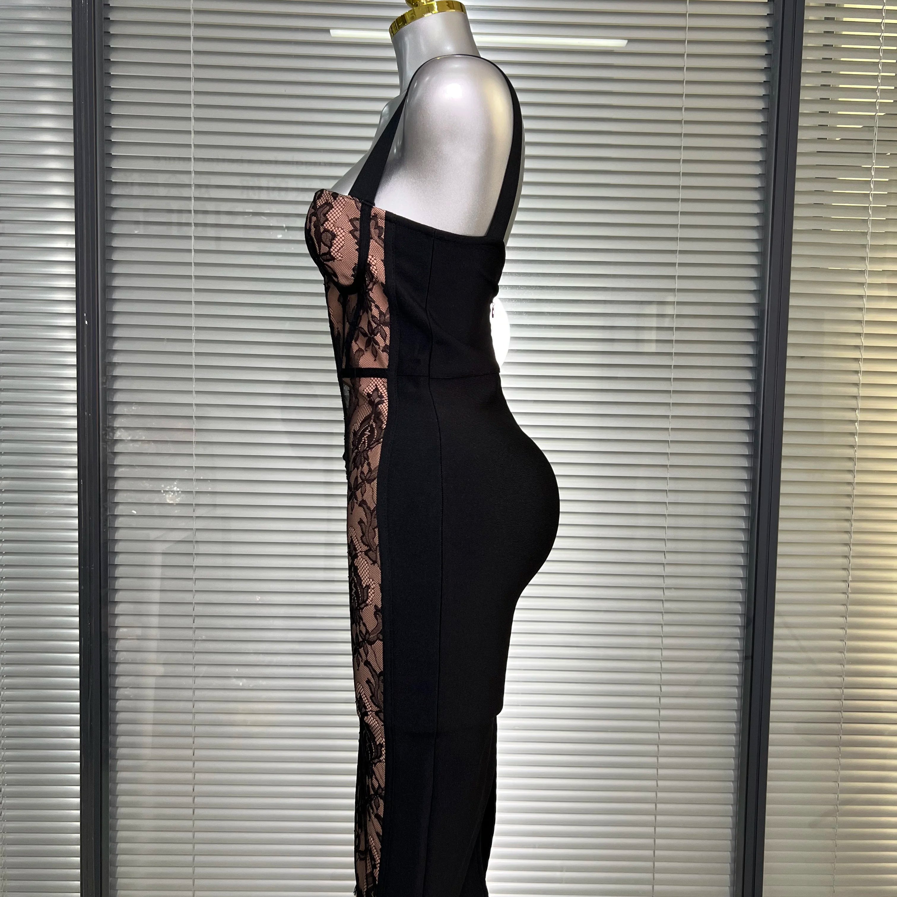 Vestido New INS Sexy Women Black Lace Midi Bandage Dress Celebrity Elegant High Street Knitted Bodycon Party Dress