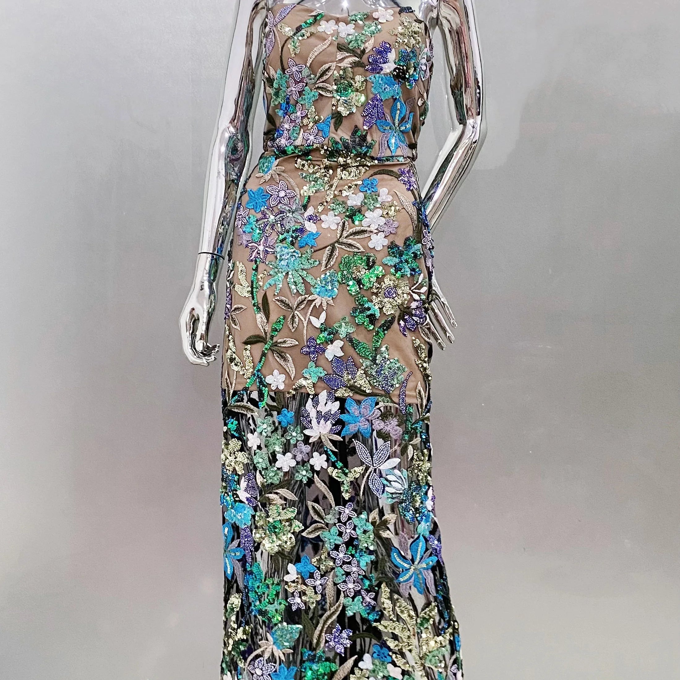 Sequin Flowers Embroidery Sexy Mesh See Through Strapless Ankle Length Dress Elegant Woman Evening Dress Celebrity Party Outfit