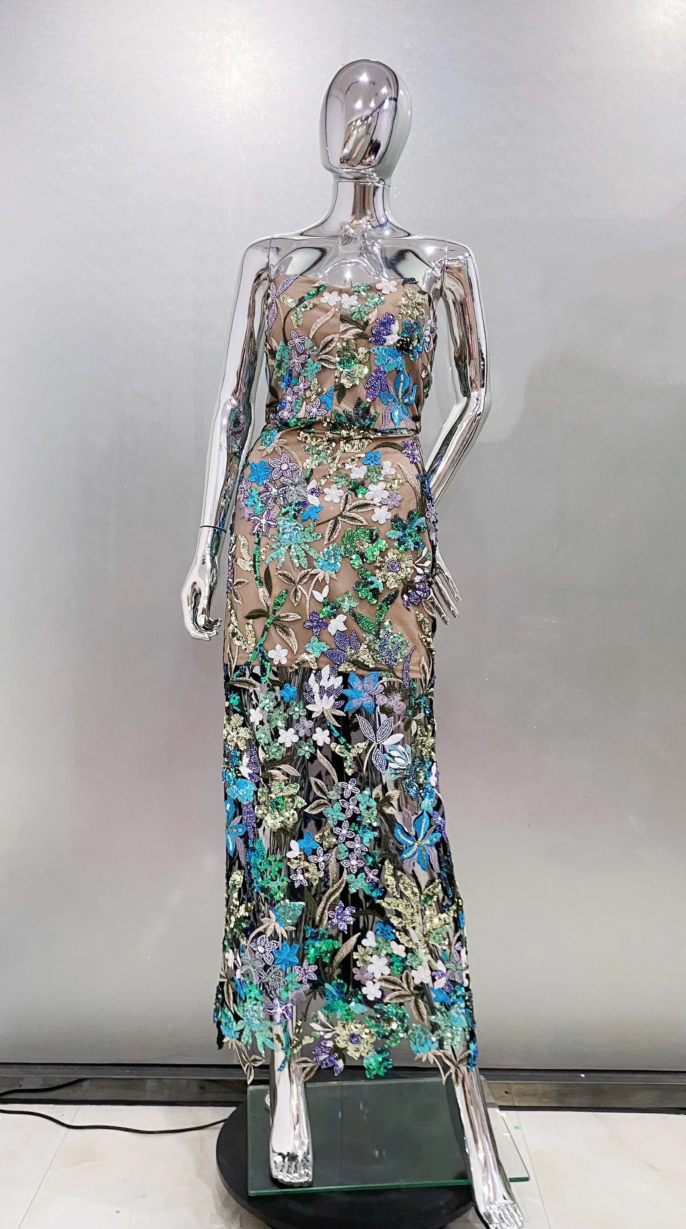 Sequin Flowers Embroidery Sexy Mesh See Through Strapless Ankle Length Dress Elegant Woman Evening Dress Celebrity Party Outfit