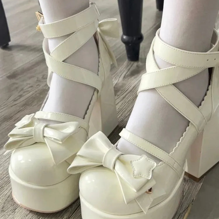 Sweet Vintage Mary Janes Shoes Women Star Buckle Lolita Kawaii Platform Shoes Female Bow-knot Cute Designer Shoes 2023 Summer WHITE