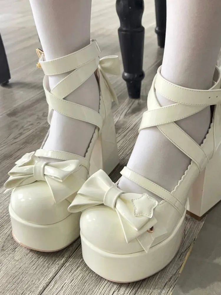 Sweet Vintage Mary Janes Shoes Women Star Buckle Lolita Kawaii Platform Shoes Female Bow-knot Cute Designer Shoes 2023 Summer WHITE