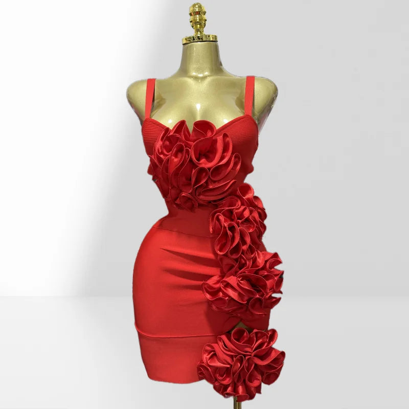 New Summer Stereoscopic Flowers Sexy Hollow Out Spaghetti Red Bandage Mini Dress Sweet Woman Party Dress Birthday Party Vestido