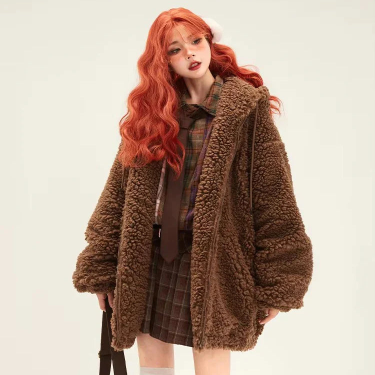 Lautaro-Kawaii Faux Fur Hoodie with Bear Ears for Women, Fluffy Sherpa Jacket, Oversized, Brown, Warm, Fuzzy, Sweet, Cute, Winte