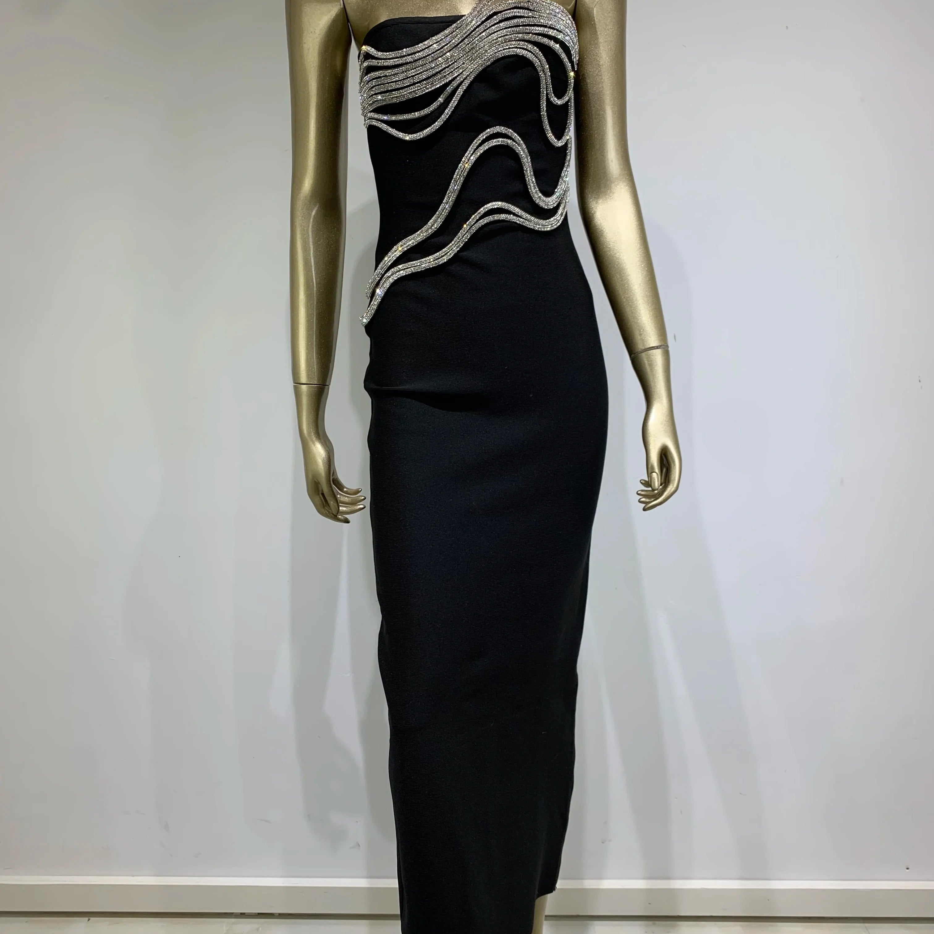 Women Celebrity Sexy Strapless Backless Diamonds Black Maxi Long Bodycon Bandage Dress Elegant Evening Club Party Dress