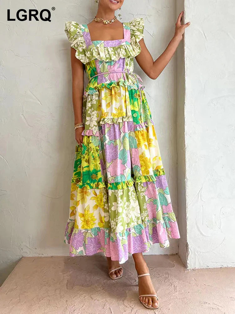 LGRQ Trendy Ruched Hemline Design Printed Long Dresses Summer Ruffle Fashion Sleeveless Elegant Luxury Dress Girls 19F1381