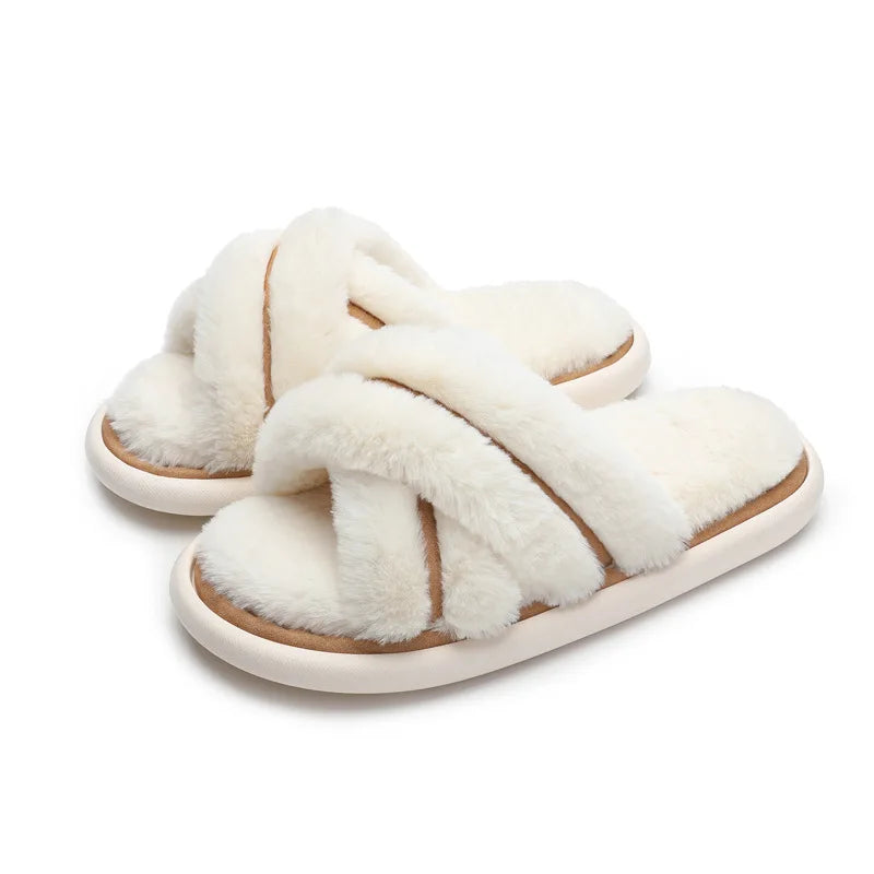 Winter Women Home Indoor Casual Slippers Female Flip Flops Fluffy Shoes Cross Design Slides Ladies Soft Warm Plush Slipper WHITE