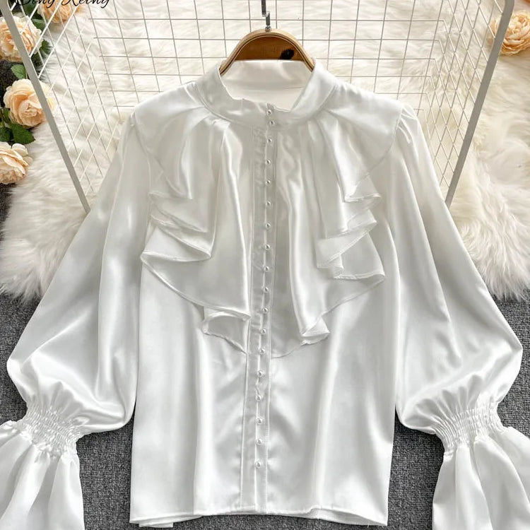 Satin Loose Shirt Long Flared Sleeves Ruffles O Neck Beading Women Gentle Office Lady Casual Blouse