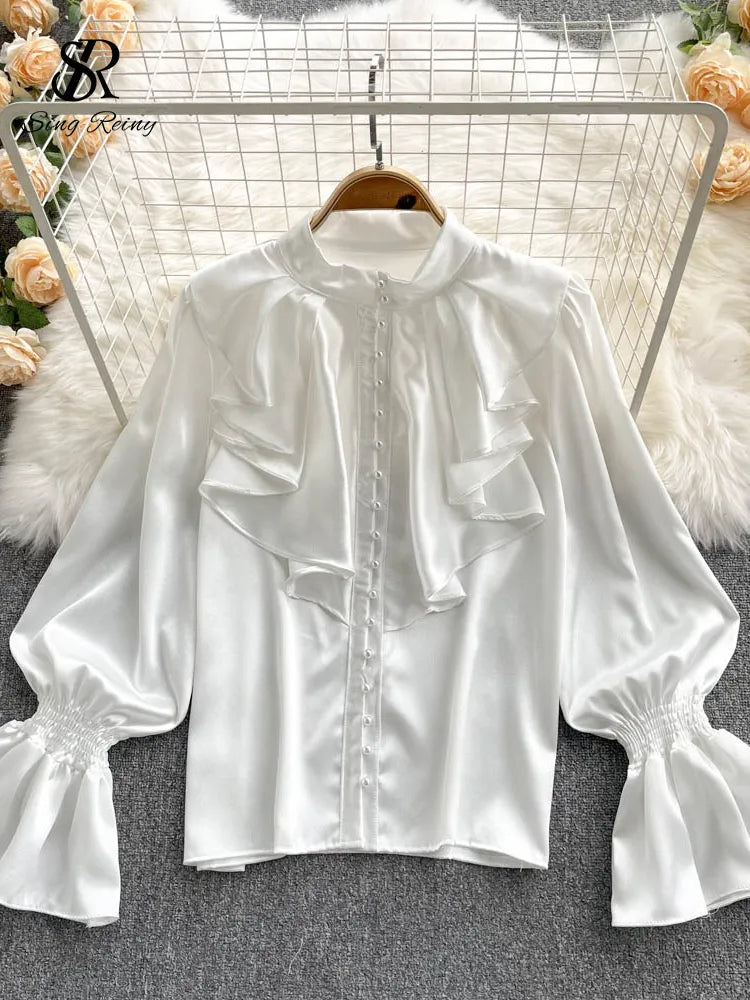 Satin Loose Shirt Long Flared Sleeves Ruffles O Neck Beading Women Gentle Office Lady Casual Blouse