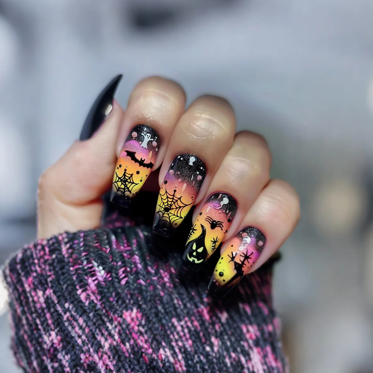 24pcs Long Coffin False Nails Press on Halloween Purple Nails Tip Pumpkin Castle Design Fake Nail Art Wearable Finished Manicure