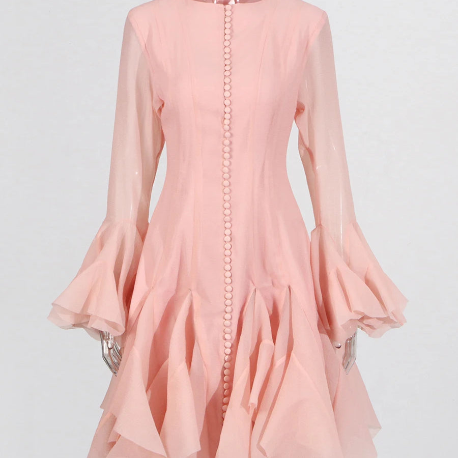 TWOTWINSTYLE Solid Spliced Button Slimming Dresses For Women O Neck Long Sleeve High Waist Patchwork Ruffles Female Fashion