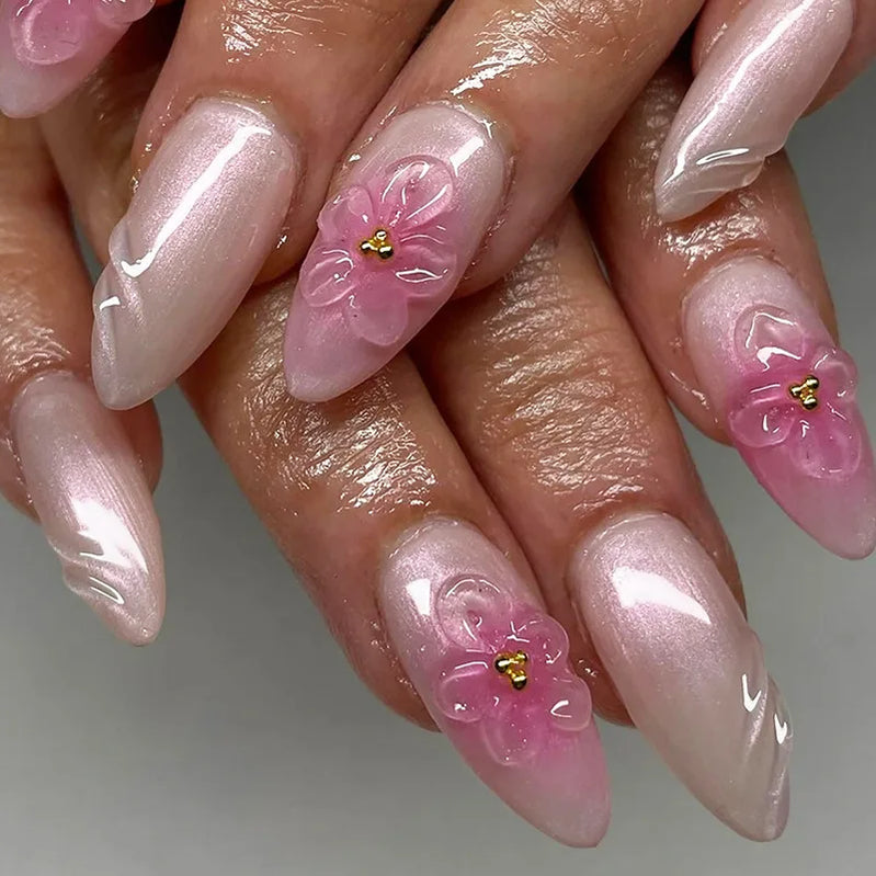 24Pcs 3D Pink Flower Wearable Nail Set Short Almond False Nails French Pearlescent Peach Pink Pearl Diamond Nail with Jelly Glue