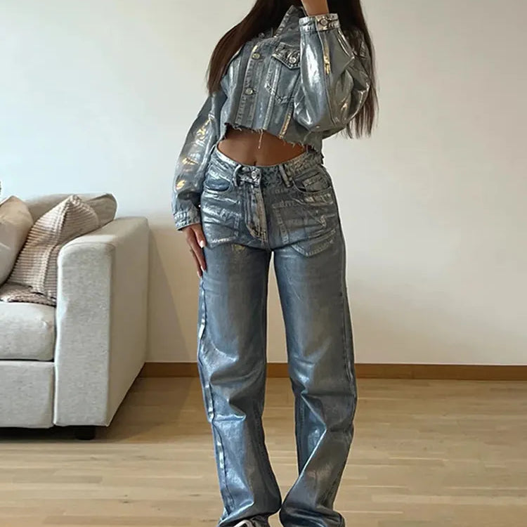 American Metallic High Waist Straight Jeans Women 2024 Fashion Printing Loose Wide Leg Denim Trousers Party Clubwear