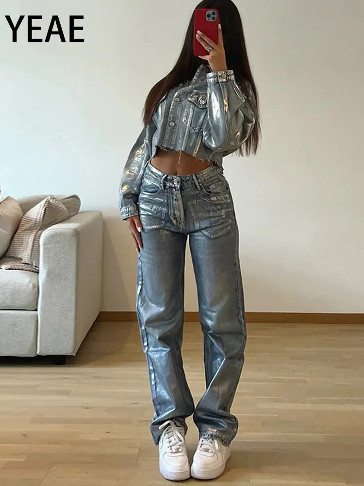 American Metallic High Waist Straight Jeans Women 2024 Fashion Printing Loose Wide Leg Denim Trousers Party Clubwear