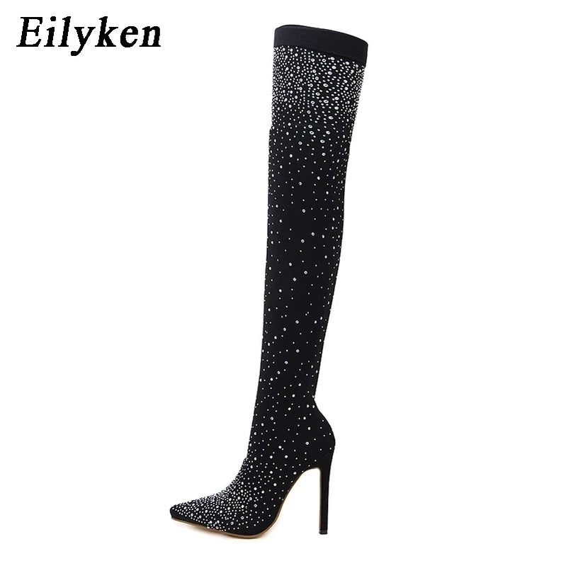 Design Crystal Rhinestone Stretch Fabric Sexy High Heels Sock Over-the-Knee Boots Pointed Toe Pole Dancing Women Shoes Black 12CM