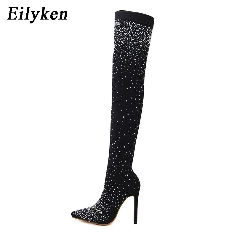 Design Crystal Rhinestone Stretch Fabric Sexy High Heels Sock Over-the-Knee Boots Pointed Toe Pole Dancing Women Shoes Black 12CM