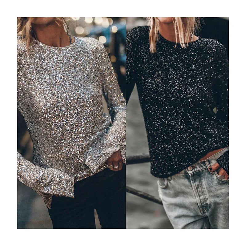 Autumn and Winter New Party Sequin Long Sleeve Top Sexy Backless Sequin Top T-shirt INS Casual Loose Split Top Women's Club Top