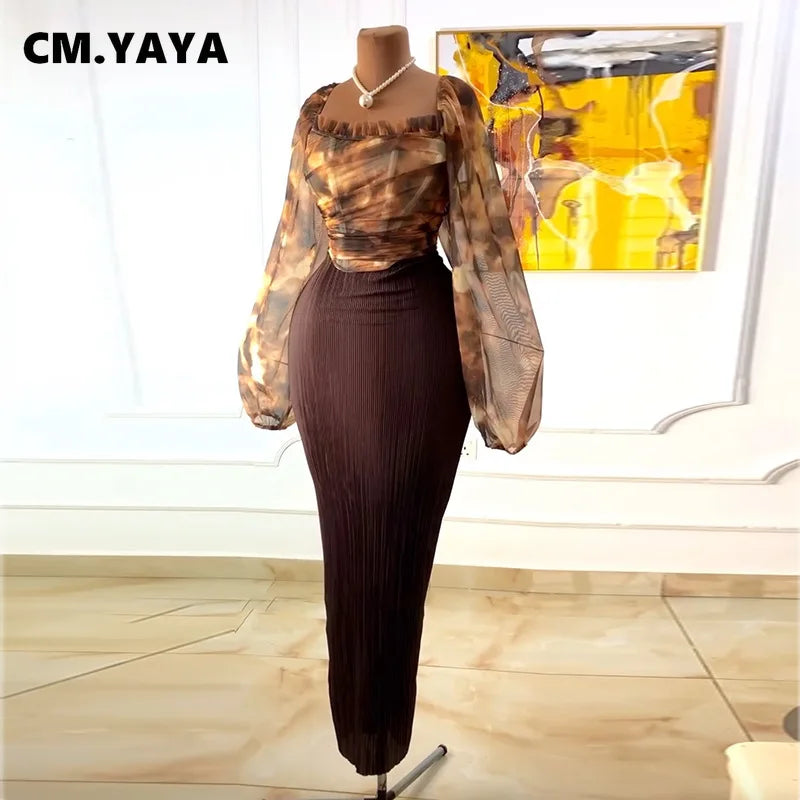 CM.YAYA Fashion Elegant Mesh Printed Women Set Street Tops + High Waist Long Skirts Suits Party Birthday Two 2 Piece Sets Dress