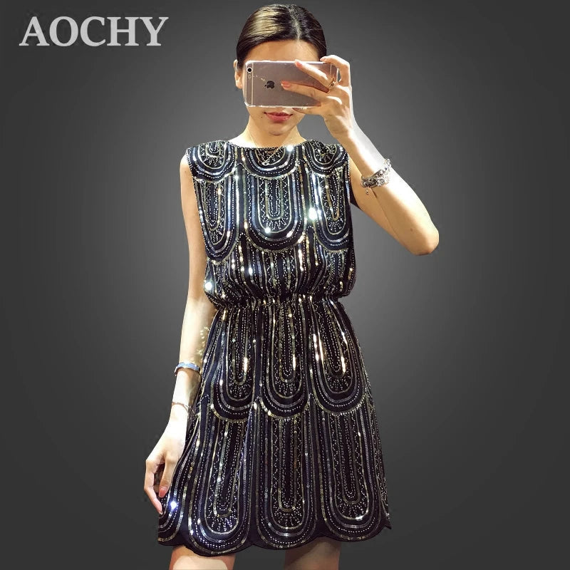 Sequins Mini Dress For Women Casual Style Tank O-Neck Women Dresses Sleeveless Party Dress black