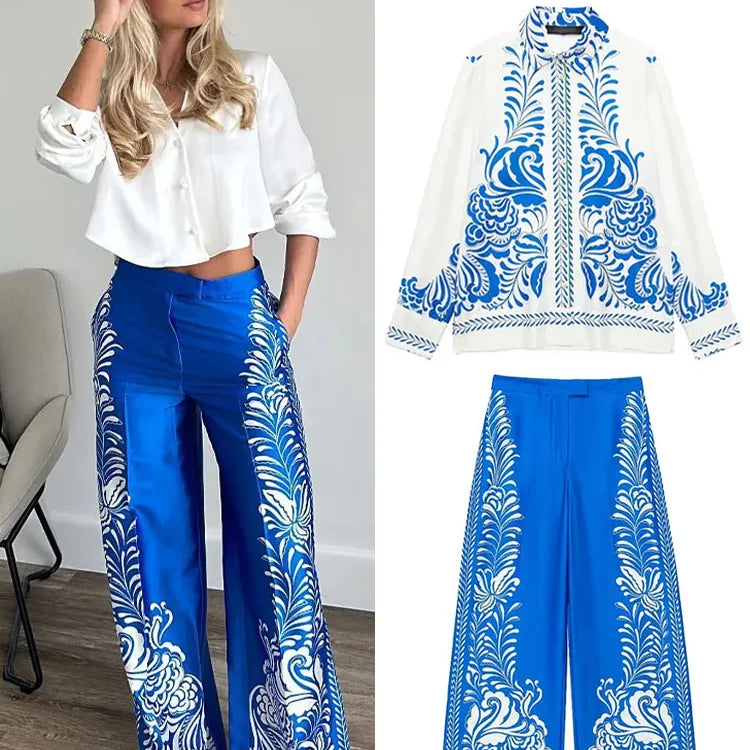 TRAFZA Women Pants Set Print Turn-Down Collar Long Sleeves Single Breasted Casual Shirts+High Waist Pocket Zipper Wide Leg Pant