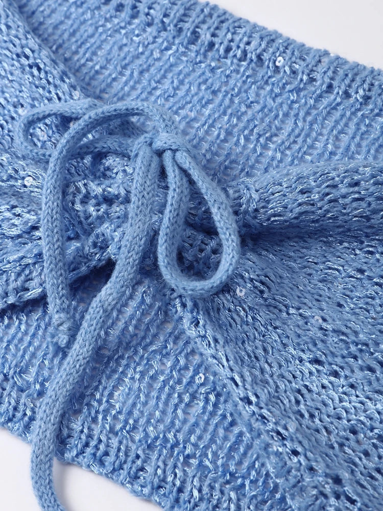 Sequins Knitted Hollow Out Two Piece Set Women Long Sleeve Cropped Top Midi Bodycon Skirt Summer Chic Beach Female Outfits