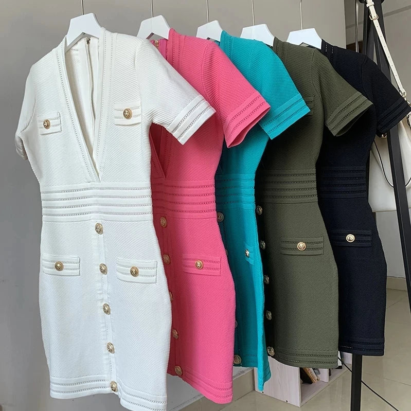 Summer Sheath Knit V-neck Short Sleeve Black Hole Mini Casual Quality Straight Elastic Dress