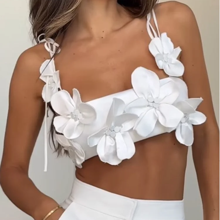 Summer Sexy 3d Flowers Sling Tank Tops Women Elegant Slim White Backless Crop Top  New Chic Female Holiday Party Outfits