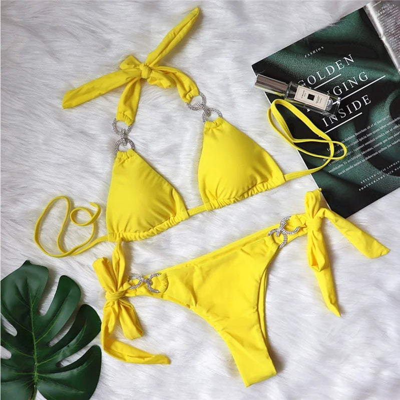 Yellow Sexy Bikinis Women Solid Color Swimwear Female Swimsuit Swim Beachwear Bathing Suit Brazilian Bikini Set Pool Bather