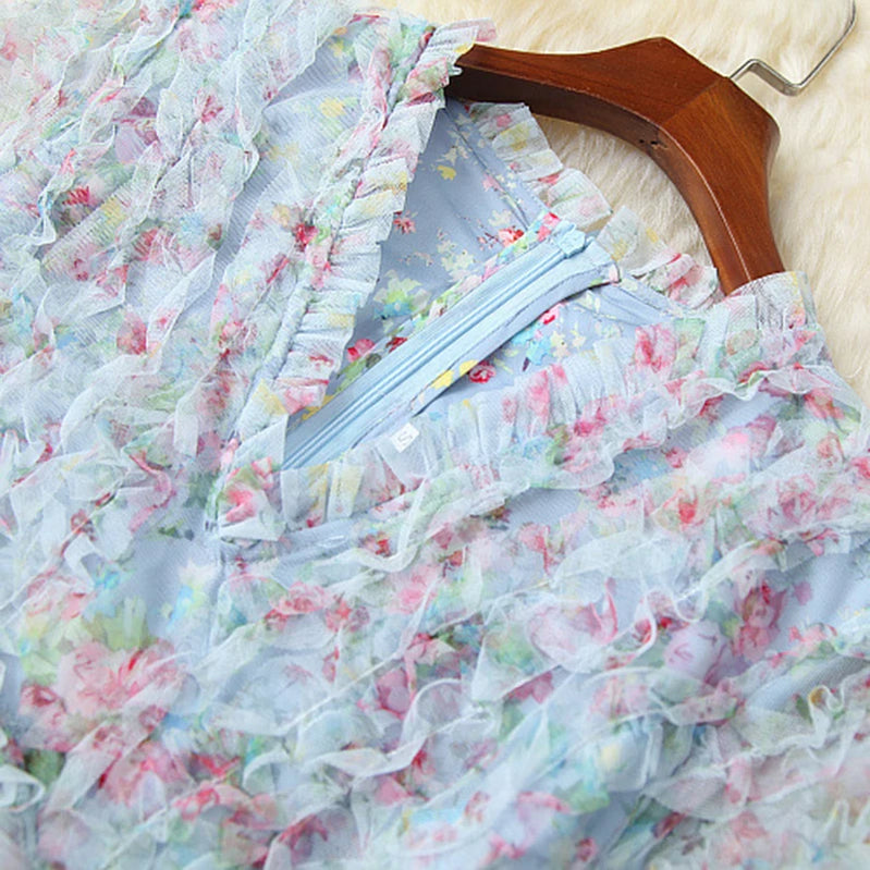 Luxury Ruffles Layered Floral Print Mesh Long Dresses for Women Party Evening Gown Elegant Spring Designer Maxi Dress