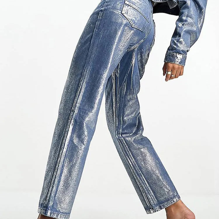 Amerikansk metallisk hög midja rak jeans kvinnor 2024 modetryck lösa breda ben denim byxor party klubbkläder