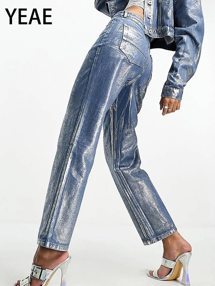 American Metallic High Waist Straight Jeans Women 2024 Fashion Printing Loose Wide Leg Denim Trousers Party Clubwear