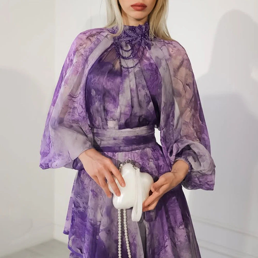 TWOTWINSTYLE Hit Color Sheer Spliced 3D Flower Dresses for Women Round Neck Long Sleeves Patchwork Ruffles Folds Dress Female