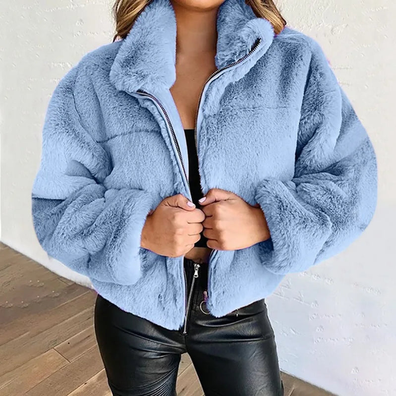 Autumn Winter Women's Faux Fur Zipper Cardigan Plush Warm Coat Large Size Female Solid Loose Short Thicken Jacket Lapel Outwear Blue