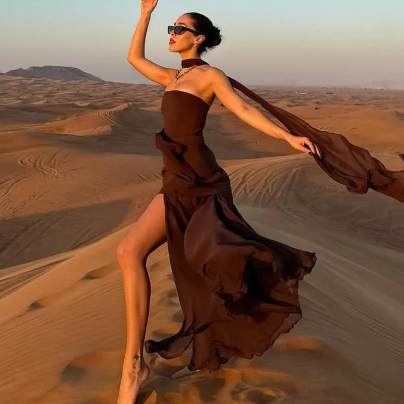 Elegant Off Shoulder Irregular Hem With Scarf Women Fashion Sleeveless Backless Slim Fit Long Dress 2025 New Summer Party Robes