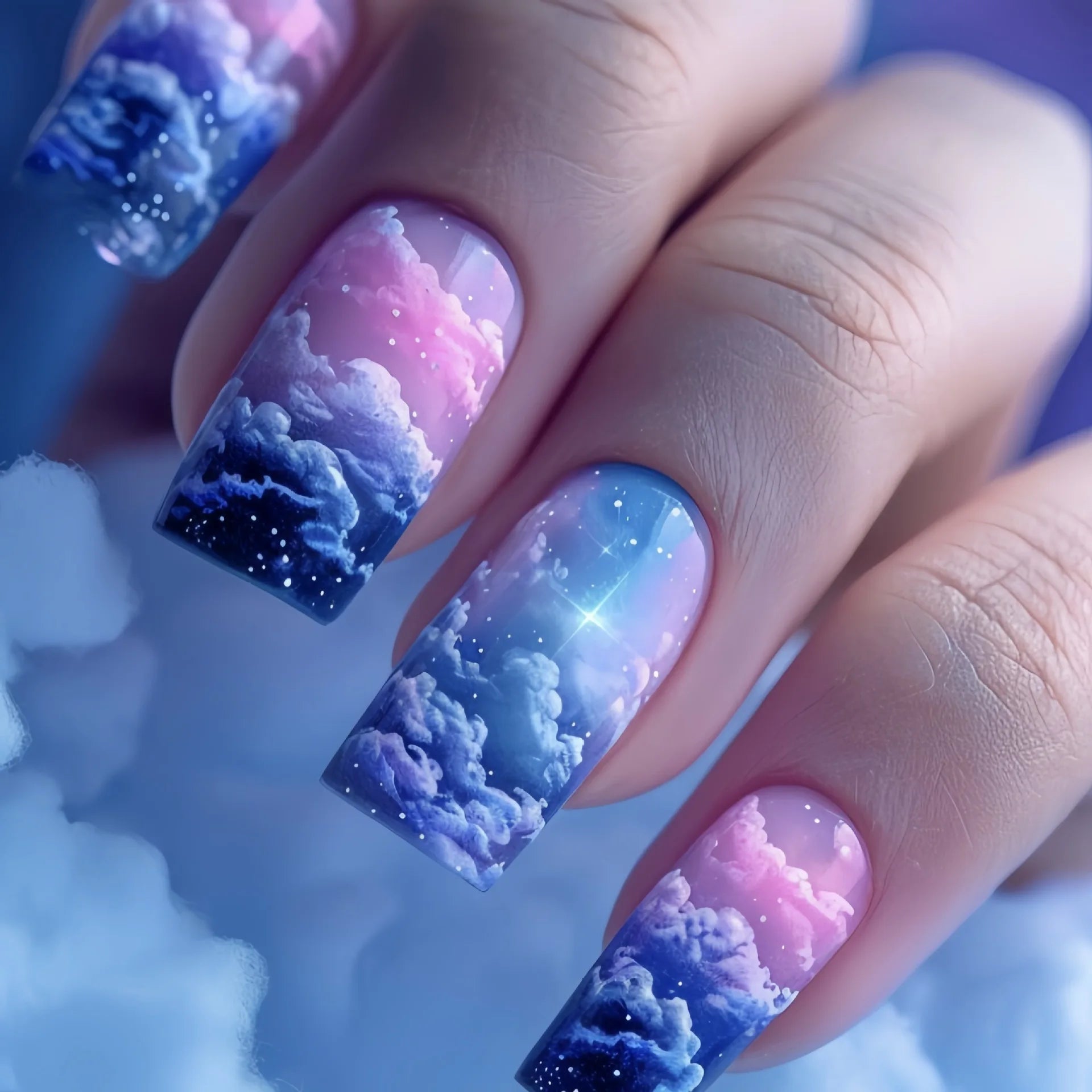 24pcs/set fake nails short middle ballet square nail tips Dreamy colors flowers clouds forest design press on false nails art