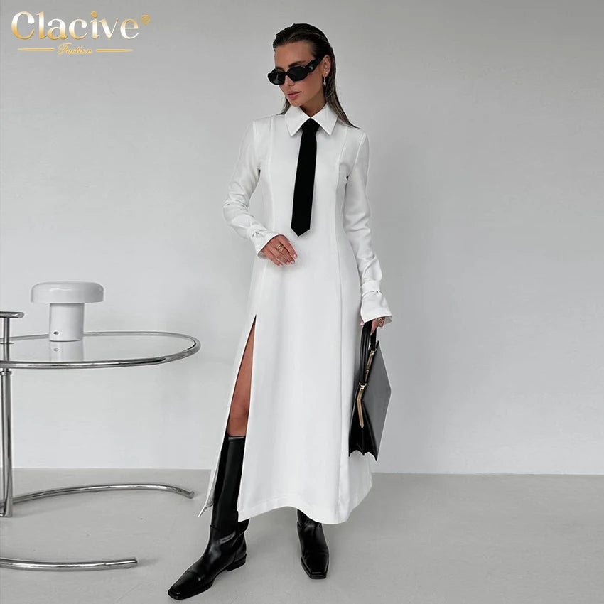 Fashion Slim White Office Dress Casual Lapel Long Sleeve Ankle Length Dress Elegant Classic Slit Dresses For Women 2024 WHITE