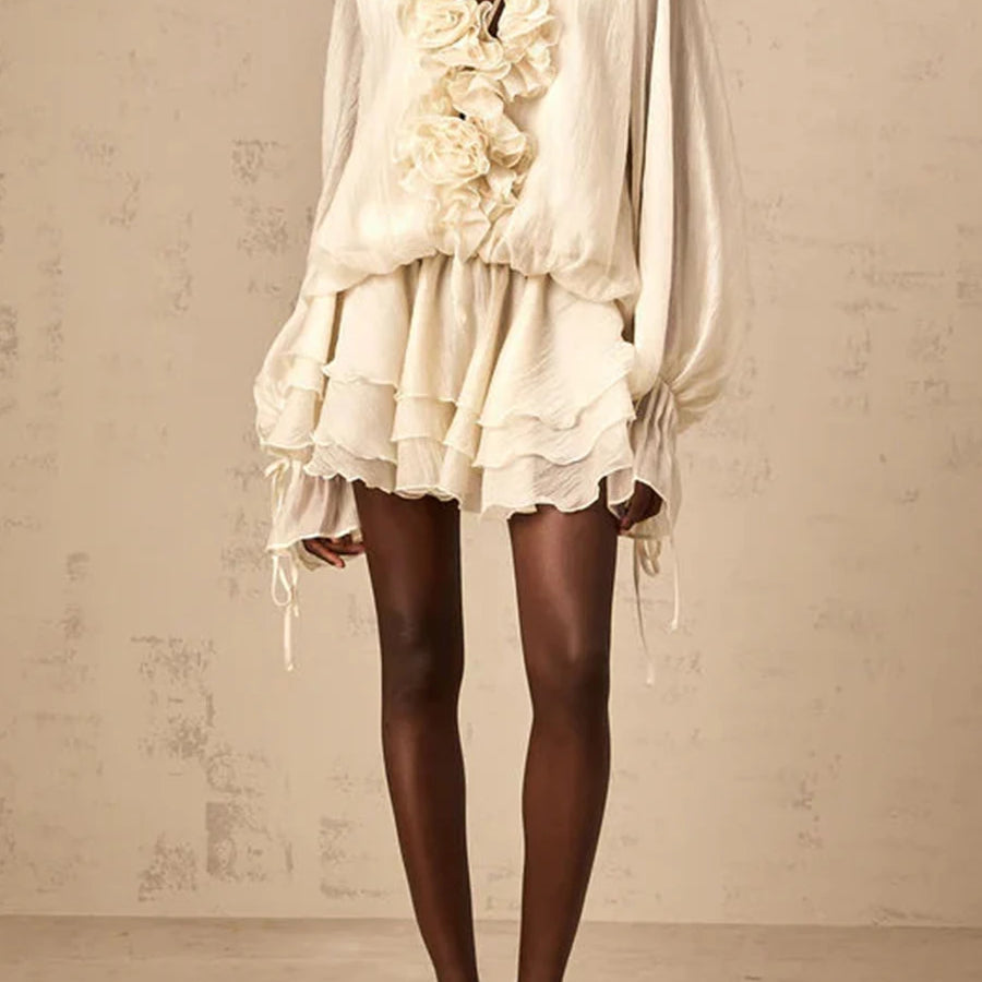 TWOTWINSTYLE Solid Loose Spliced 3D Flowers Dresses for Women V Neck Long Sleeves Patchwork Ruffles Fold Dress Female Clothing