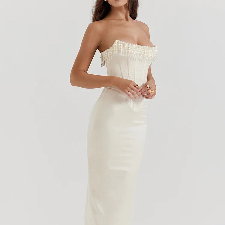 Mozision Pearl Tassel Sexy Midi Dress For Women Fashion Party Outfits Off-shoulder Strapless Backless Bodycon Club Sexy Dress