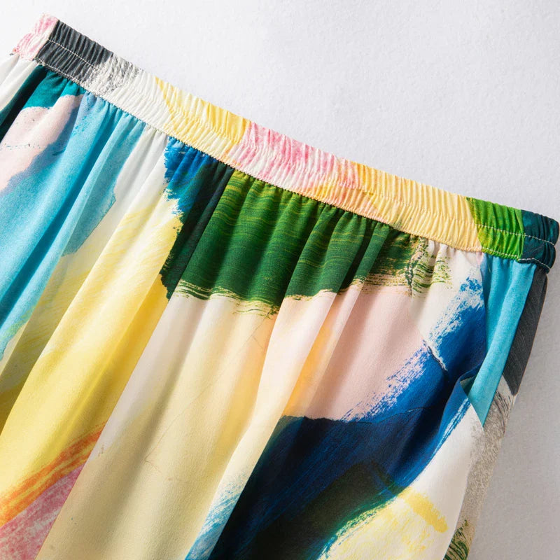 Women's Fashion New 100%Natural Mulberry Silk Elastic Waist Loose Casual Contrasting Color Printed Wide Leg Pants