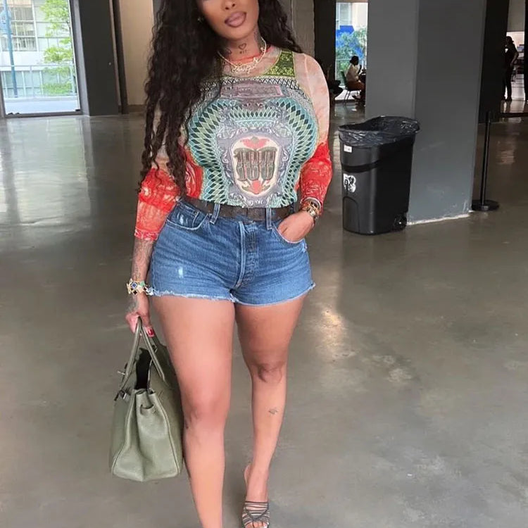 Autumn Art Print T-shirt Women's Wear Long-sleeved O-Neck Short Section Navel Slim Fit Top Female Street Comfort Clothing