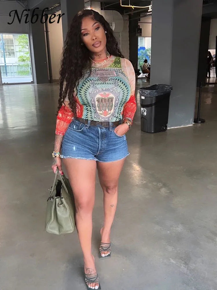 Autumn Art Print T-shirt Women's Wear Long-sleeved O-Neck Short Section Navel Slim Fit Top Female Street Comfort Clothing