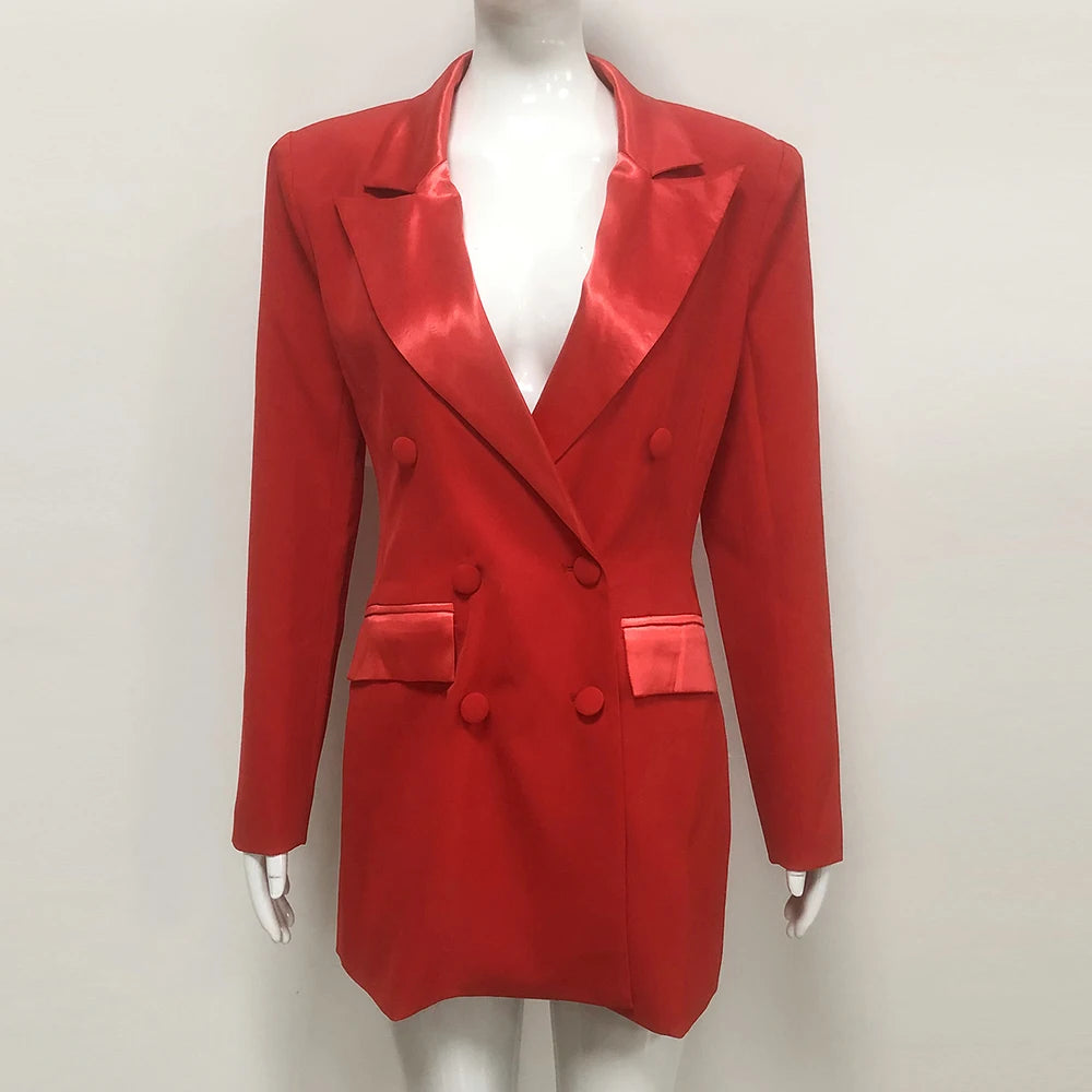 Modphy Women Fashion Double Breasted Red Blazer Coat Notched Neck Long Sleeves Female Outerwear Chic Lady Outfits