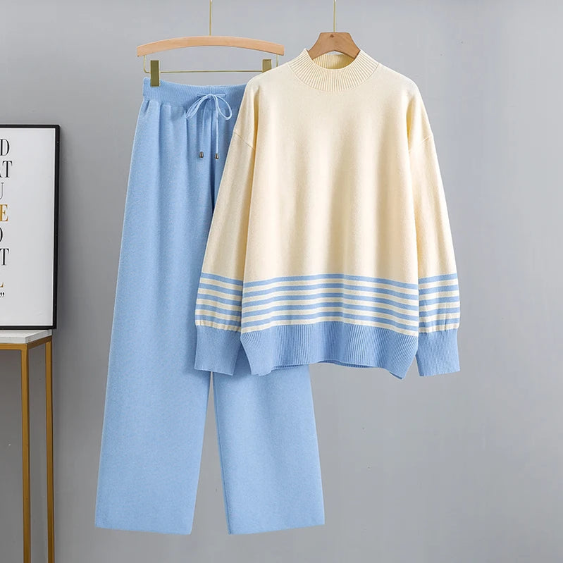 GIGOGOU Euro Designer Autumn Winter Women Sweater Tracksuit 2 piece Set Oversized Ladys Knitwear + Wide Leg Pants Warm Suits color 6 One Size