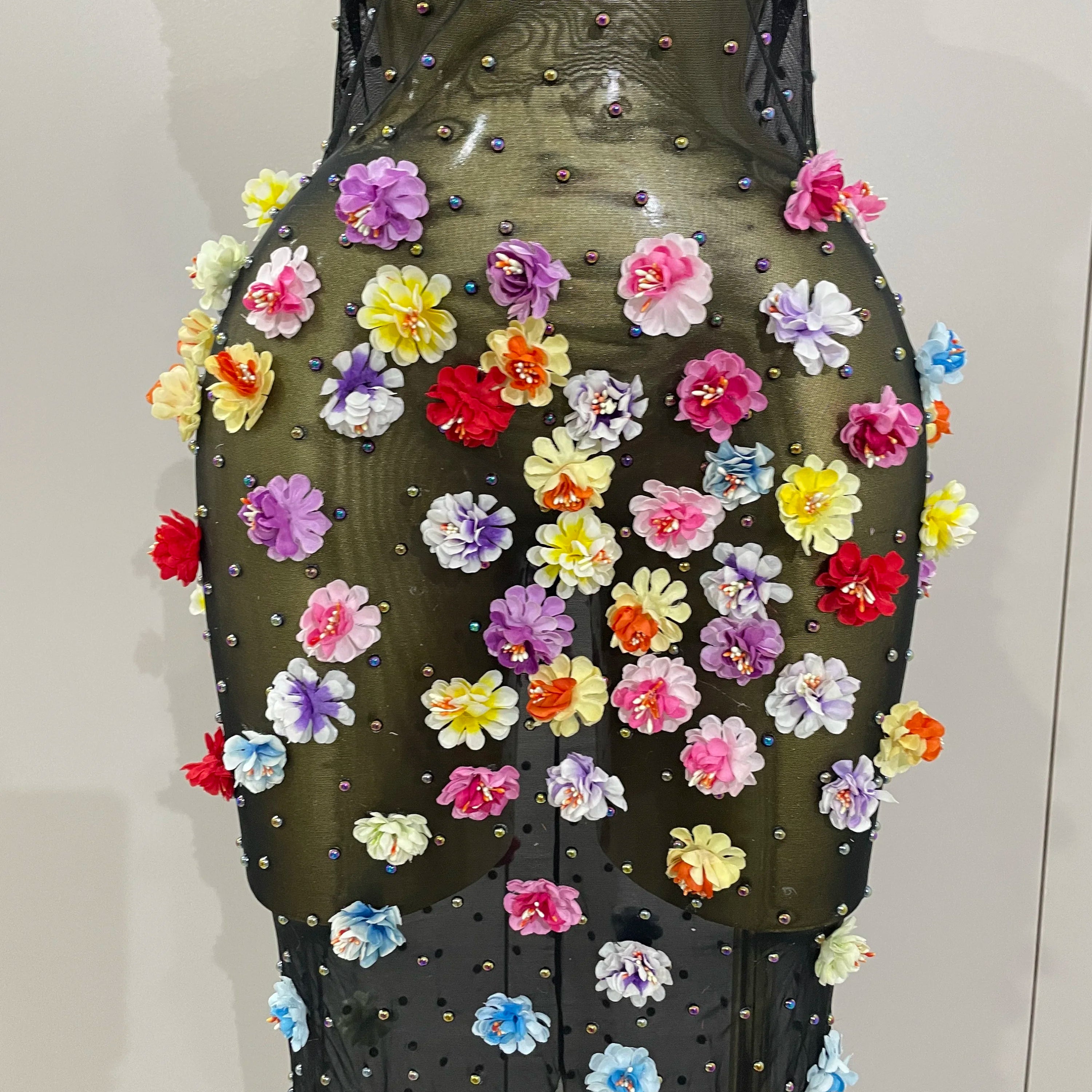 Sparkly Rhinestones Flowers Sexy See Through Long Dress 2025Women Birthday Celebrate Wedding Evening Prom Dress Photo Shoot Wear