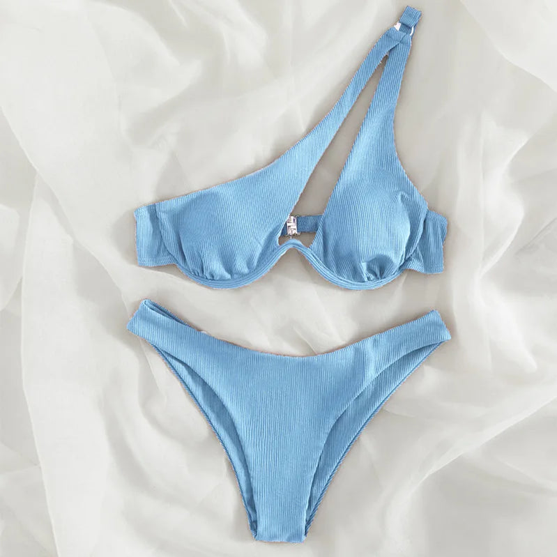 Sexy Push Up Bikini Set Women Cut Out Swimsuit Summer One Shoulder Swimwear Female Bathing Suit Beachwear Lady High Waist Bikini sky blue