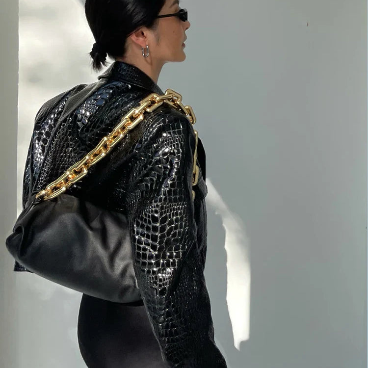 Spring Autumn Short Cool Stylish Shiny Reflective Crocodile Print Patent Pu Leather Jacket Women Runway Fashion 2023