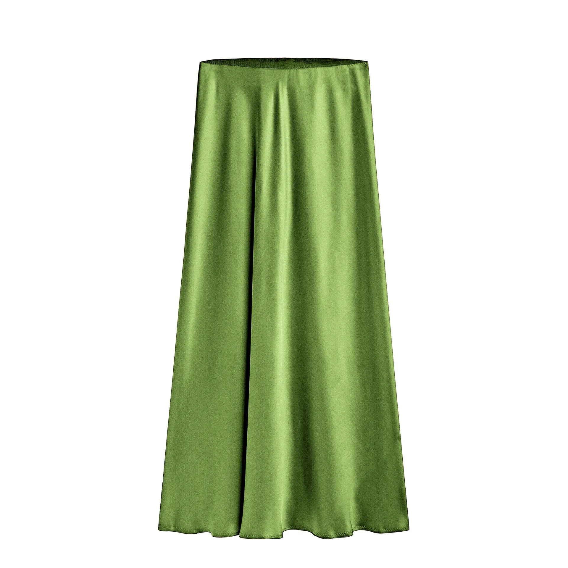 Silk Satin Skirts for Women Summer Casual Style A-line Solid Color Elastic High Waist Side Slit Champagne Skirt Fruit green
