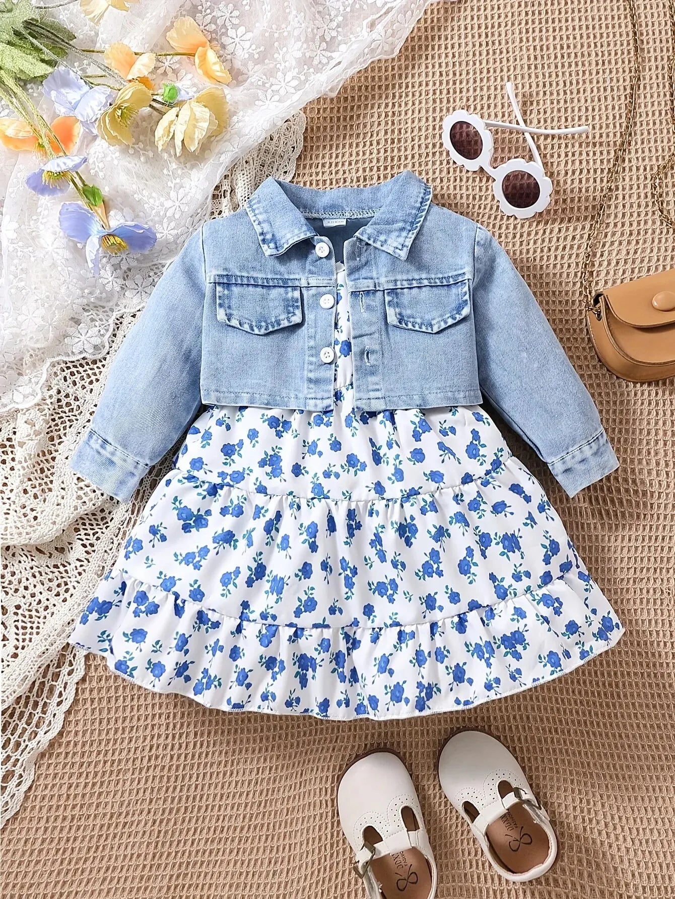 Baby Spring and Autumn Denim Coat Floral + Slip Skirt Two-piece Casual Female Newborn Street Fashion Suit Outdoor Vacation Wear Dark Blue flower