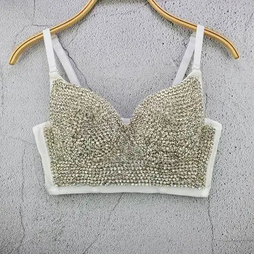 Rhinestone Bead Bustier Corset Pearls Diamond Push Up Night Club Bralette Women's New Fashion Bra Cropped Tops Plus Size WHITE
