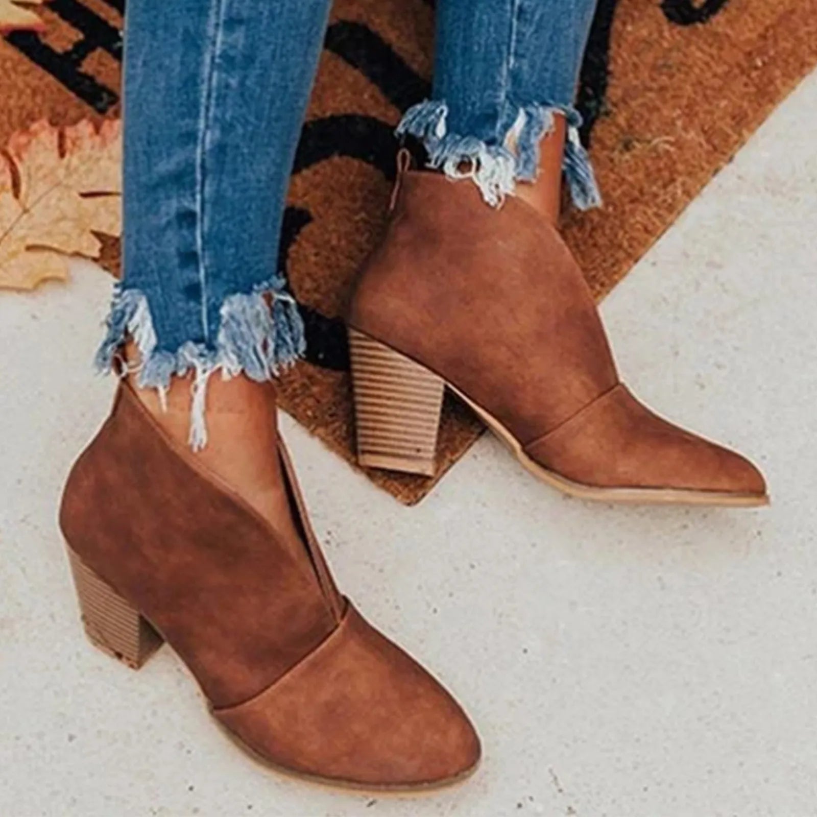 Women's Boots split Ankle Boots Stacked Heel booties for women Fahsion Leather Short Boots Temperament elegant flat shoes 2-Brown