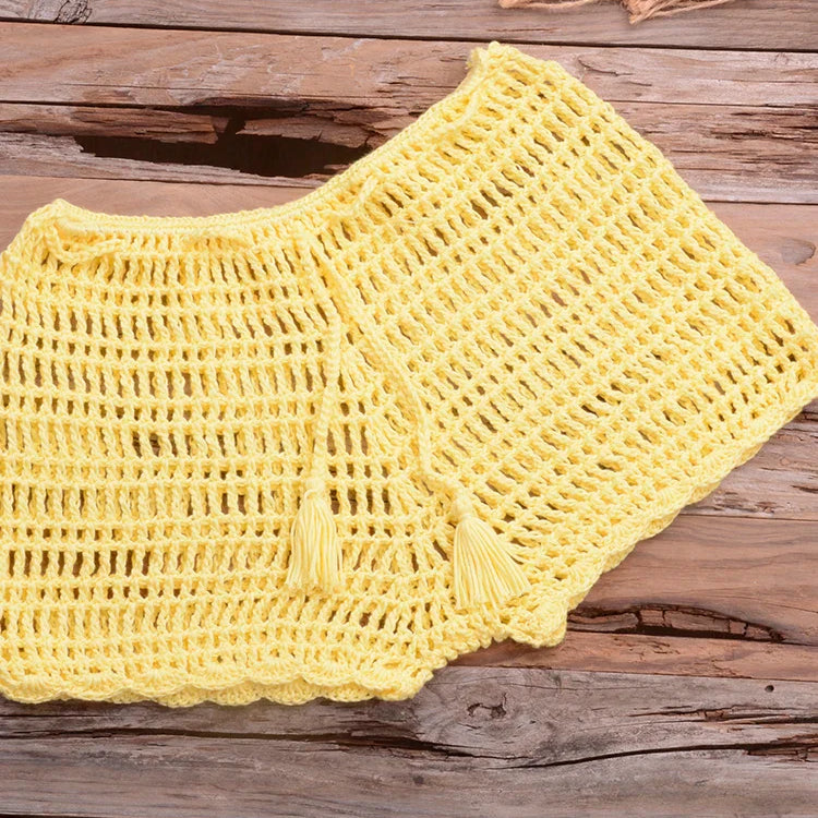 Crochet Hollow Out Tassel Beach Cover Up Sexy Women Mini Tops Beachwear Bikini Swimwear Bathing Suit Cover Up Yellow Bottom One Size